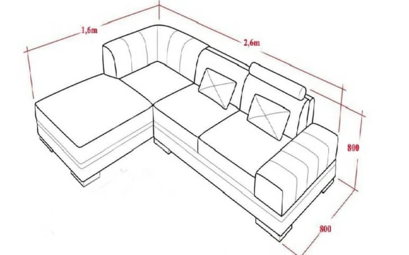 kích thước sofa góc chữ L 2.6m x 1.6m x 0.8m