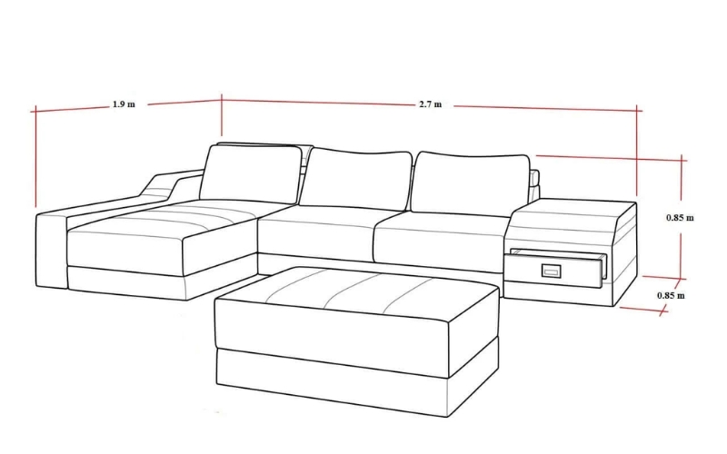 kích thước sofa góc chữ L 2.7m x 1.9m x 0.85m