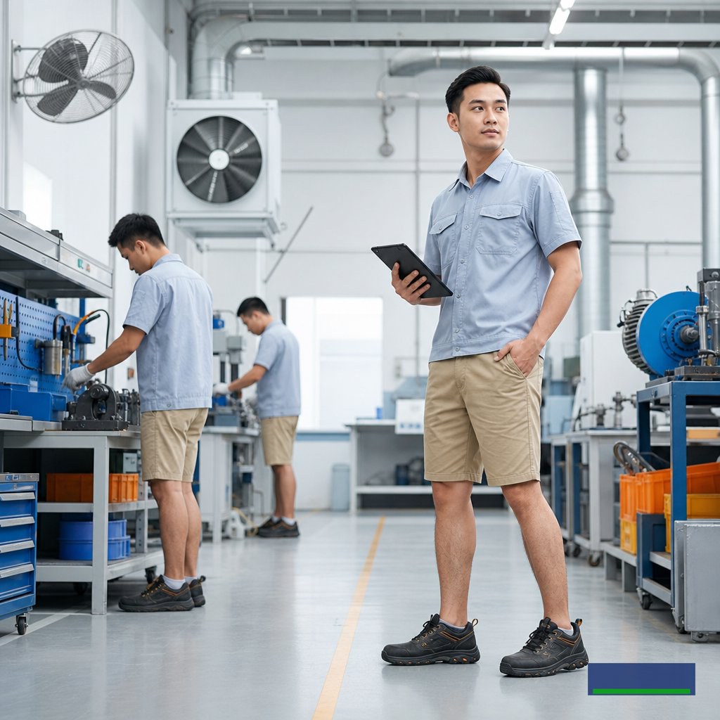 Quản lý nhiệt trong nhà xưởng mùa nóng: thông gió, ca kíp và quần short kaki nam basic ở khu vực phụ trợ